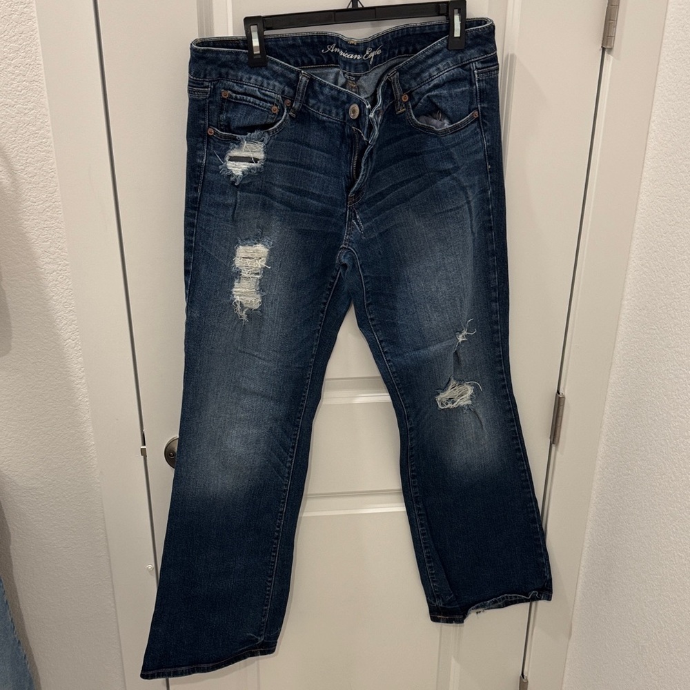 American Eagle Outfitters Dark Blue Distressed Straight Leg Jeans